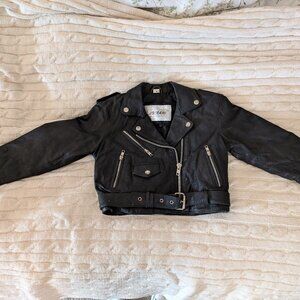 KIDS LEATHER JACKET Children's Scram Medium M Biker Zip Up Belt Rock Black Coat